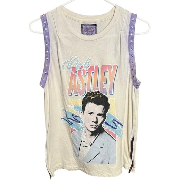 Rick Astley Graphic Sleeveless Top Studded Sides Zip Detail Cream - S - Picture 1 of 6